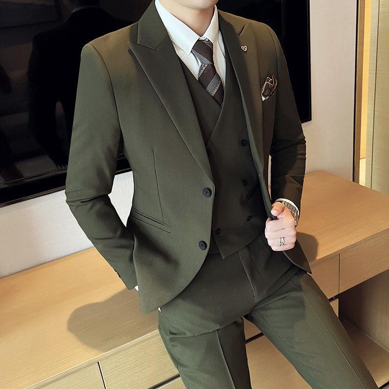 Military Green Light Formal Suit for Men, Korean-Style Slim Fit, Handsome Groomsmen Suit, Wedding Banquet Dress, Casual Small Suit Jacket