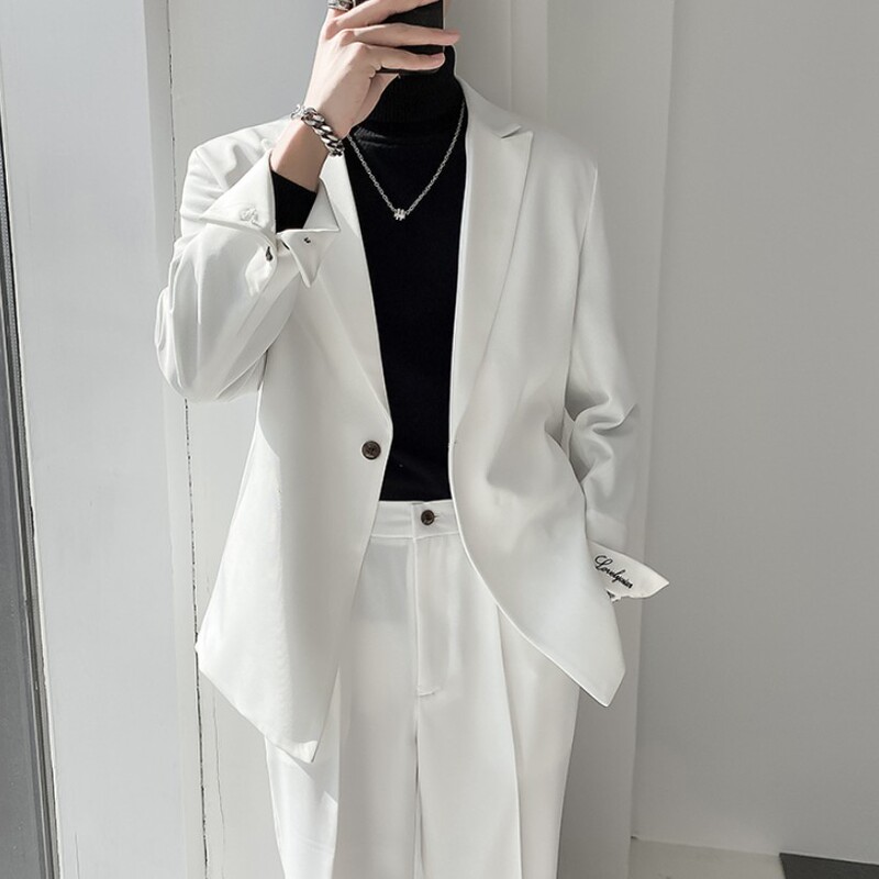Summer Thin Loose Casual Blazer for Men, High-End White Embroidered Korean Style Trendy Handsome Suit Set Summer Thin Loose Casual Blazer for Men, High-End White Embroidered Korean Style Trendy Handsome Suit Set