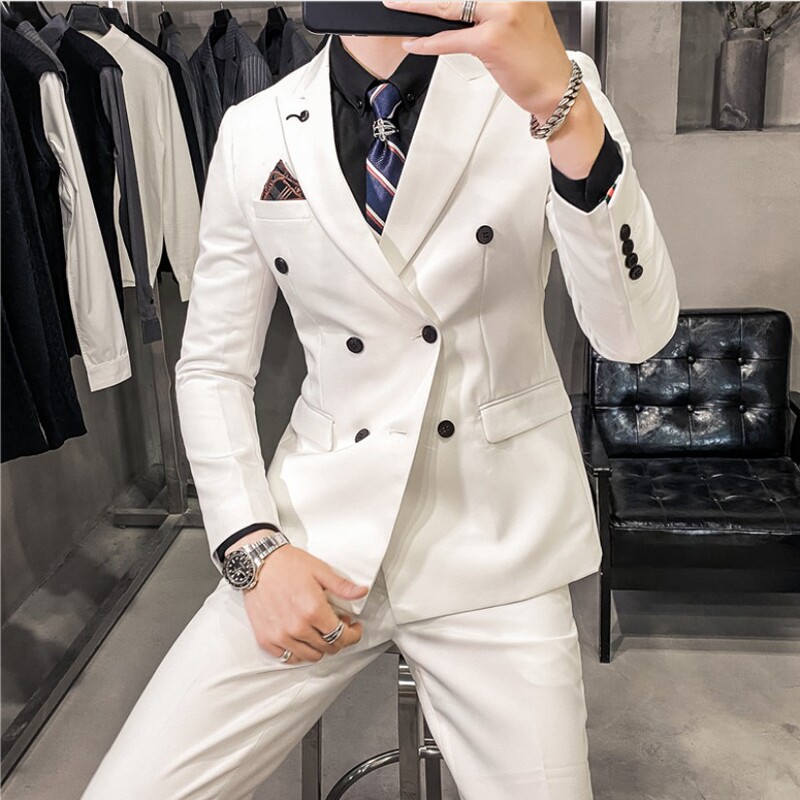 White Double-Breasted Blazer Men's Suit Korean Style Slim Fit Casual High-End Suit Jacket Groom Wedding Dress