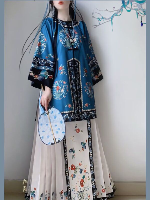 In-Stock New Model [Manman] Qing Han Women's Traditional Double-Breasted Round-Neck Antique Ethnic Clothing with Intricate Printing, Autumn Style