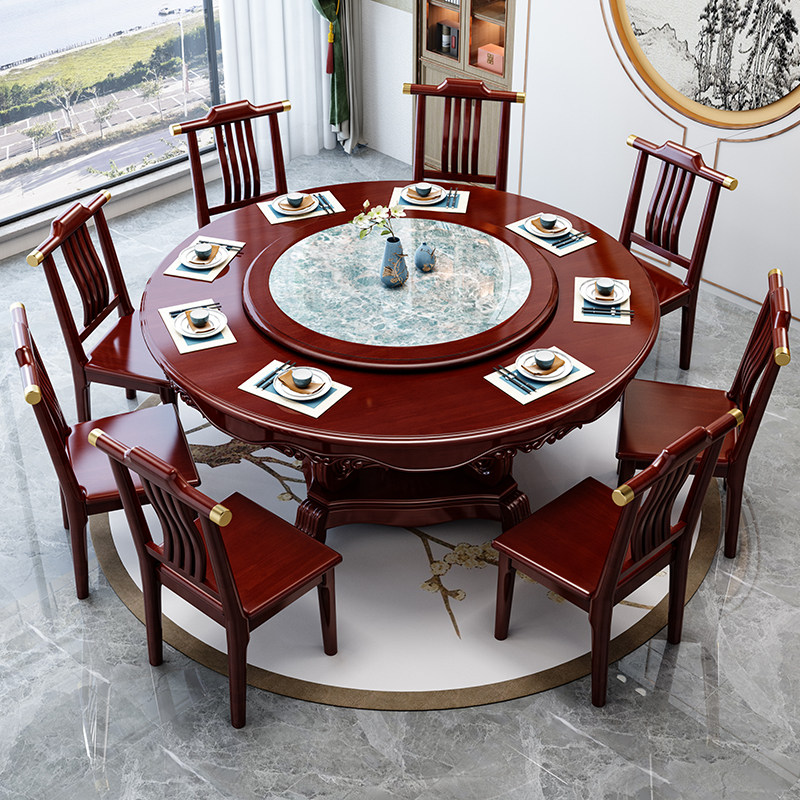 New Chinese solid wood large round table 10 people with rock plate turntable Hotel Hotel Bag Round Table 1 8 m Home-Taobao