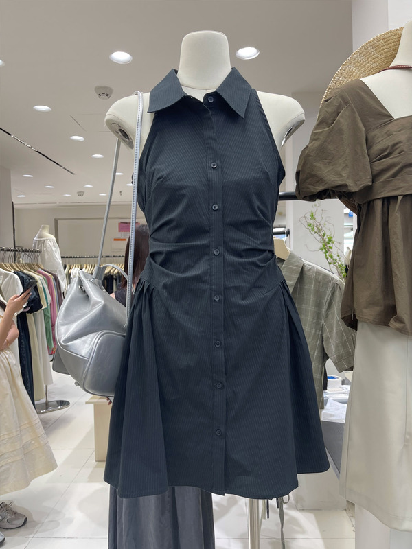 Summer New Style Pure and Alluring Polo Collar Button-Up Pleated Waist-Cinching A-Line Shirt Sleeveless Dress for Women