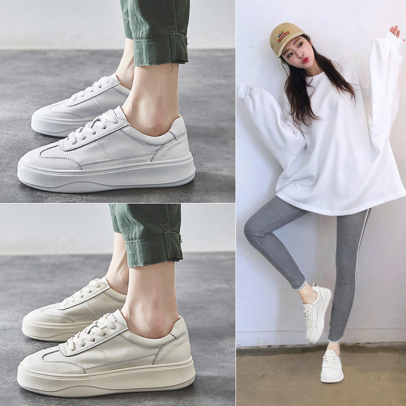 Small white women's shoes 2021 new spring women shoes ins 100 hitch genuine leather thick underfloor shoes exploits sports casual boomers
