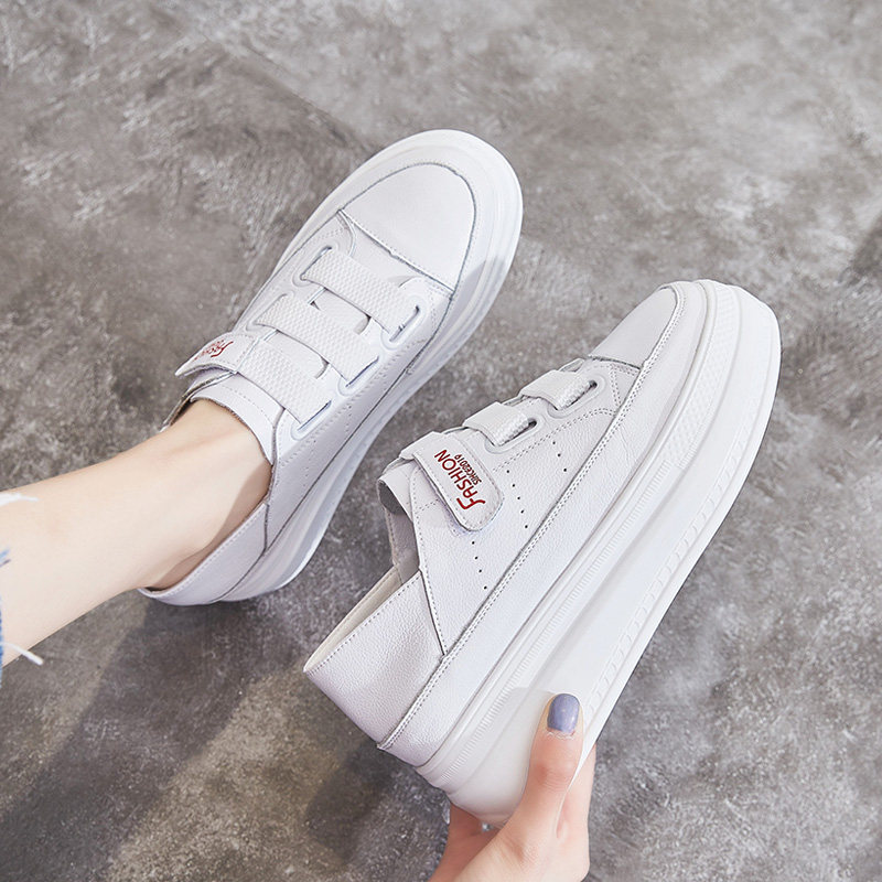 Thick-soled small white shoes women's 2022 new spring women's shoes leather Velcro inner heightening increase autumn sports sponge cake