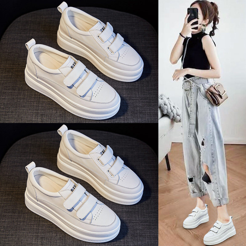 Small white shoes 2021 new spring women's shoes magic sticker 34 small code 100 hitch base pine pastry 2022 genuine leather