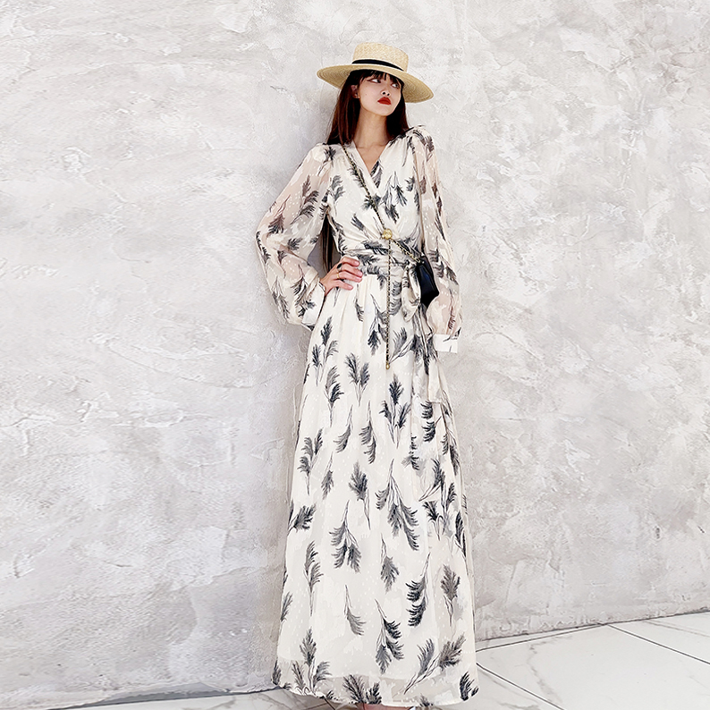 2023 Summer Long Printed Dress with Cross Straps, Waist-Cinching, Slimming, One-Piece, Gentle Tea Break Long Dress