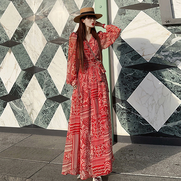French-Style Vacation Vibe V-Neck Tea Break Long Dress 2023 Summer One-Piece Cross-Tie Waist-Slimming Dress