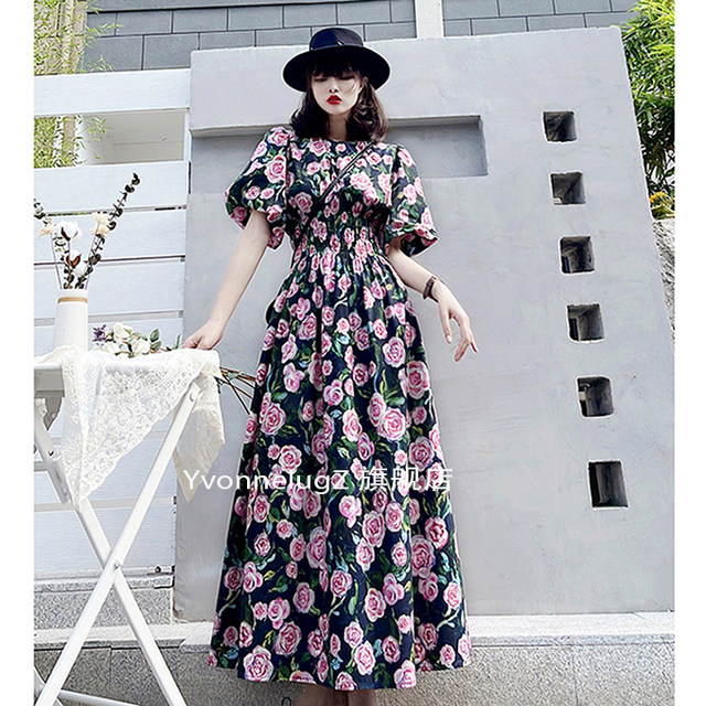 French long dress 2023 summer new women's oil painting style retro rose high-end design long skirt fairy