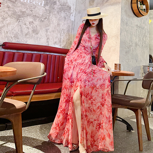 Extra-Long Ankle-Length Floral Dress 2023 Summer New Long-Sleeved Holiday Style Design Niche Socialite Long Dress