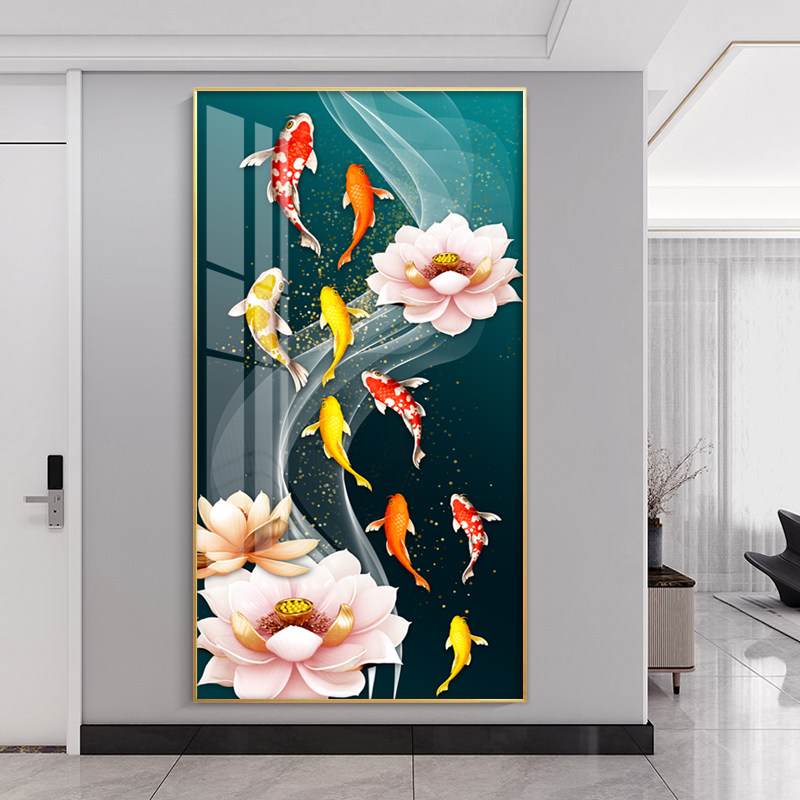 Entrance porch decorative painting corridor aisle hanging painting light luxury crystal porcelain diamond painting simple mural living room nine fish picture wall painting