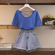 Big code 2022 new women summer clothes fat mm suit with slim shade cut-aged t-shirt blouse shorts two-piece set