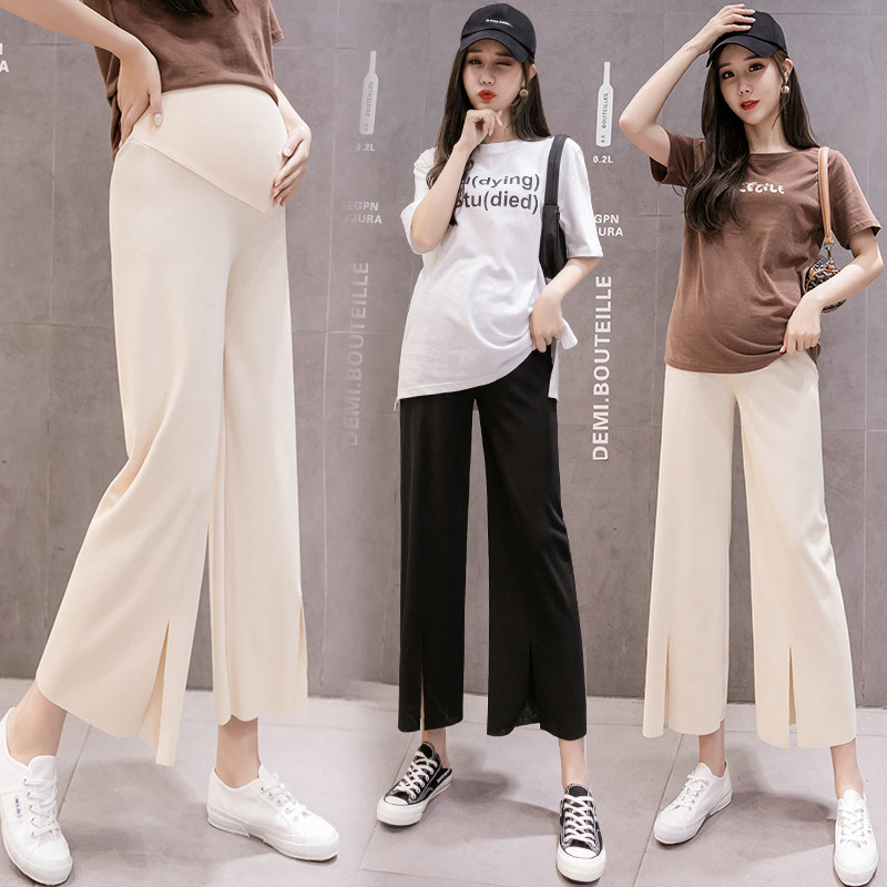 Maternity clothes 2022 summer new maternity pants outerwear drape ice silk slit nine-point fashion loose wide-leg pants