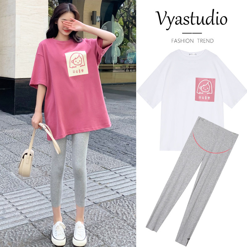 Maternity wear summer T-shirt cotton short-sleeved top summer mid-length large size loose fashion net red suit summer