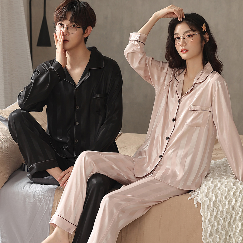 Couple's Pajamas for Women, Ice Silk Imitation Silk Long-Sleeved Summer High-End Loungewear, Spring and Autumn Men's Striped Thin Set
