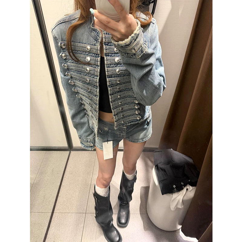 Napoleon-Style Double-Breasted Denim Jacket for Women, Autumn Design, Niche Retro, Slim Fit, Short Jacket