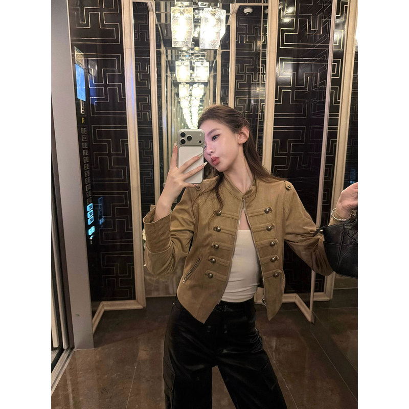 Napoleon-Style Stand-Collar Suede Jacket for Women with Unique Design, Casual Slim-Fit Retro Short Jacket Napoleon-Style Stand-Collar Suede Jacket for Women with Unique Design, Casual Slim-Fit Retro Short Jacket