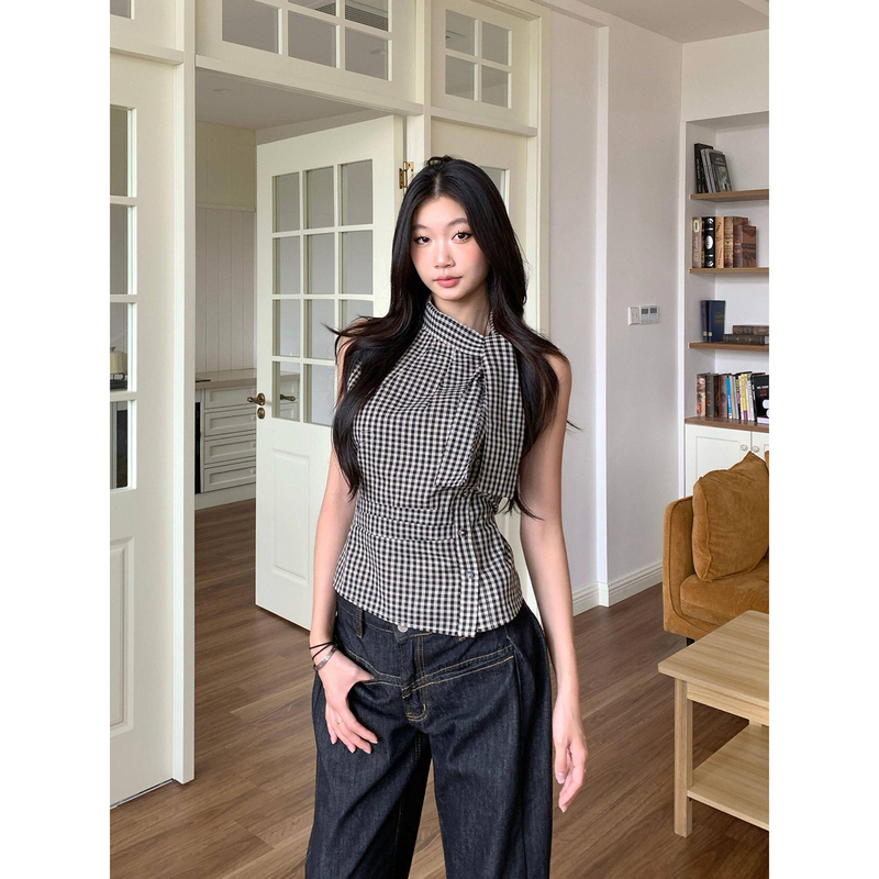 Korean-Style Plaid Lace-Up High-Neck Sleeveless Shirt for Women, New Summer Style with Irregular Design, Waist-Cinching, Slimming and Stunning Top