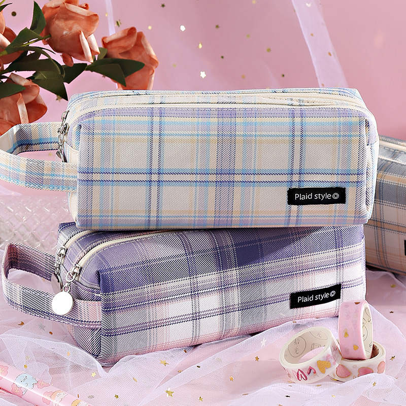 Large capacity lattice pen bag JK girl Japanese red pencil bag pupil girl middle school students stationery bag children cute canvas collection bag high value 2022 new popular