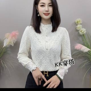 立领木耳花边加绒蕾丝打底衫女宽松衬衫显瘦遮肉小香风加厚保暖冬