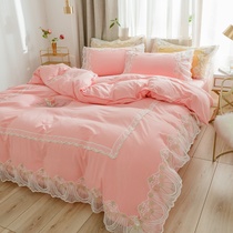 Lace Princess Wind Girl Heart Skin Nude Sleeping quilt cover Sheets Net Red Wash Cotton Four-piece Bed Three-piece Set