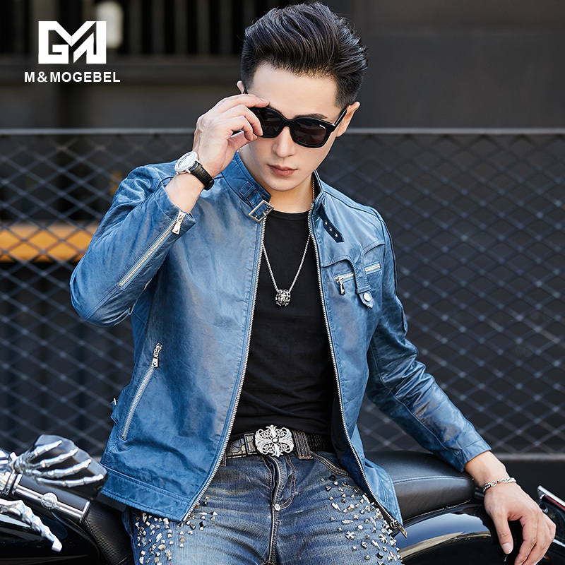 Haining Genuine Leather Jacket for Men, Sheepskin Slim Fit Casual Men's Biker Leather Jacket, Stand Collar Thin Style Youth Coat Trendy
