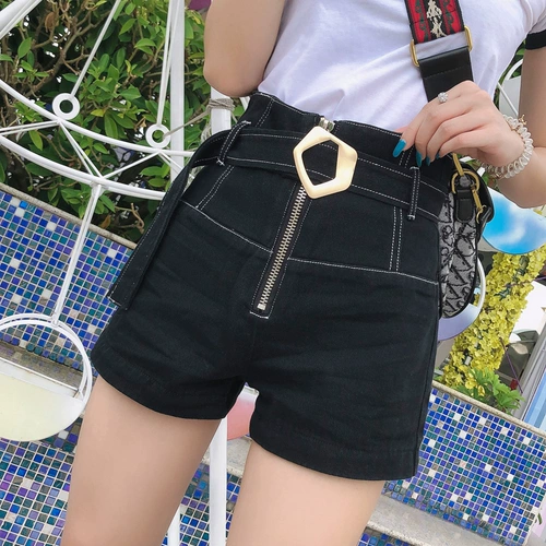 Черная джинсовая юбка, шорты, штаны, модный ремень, коллекция 2023, высокая талия, А-силуэт, свободный крой