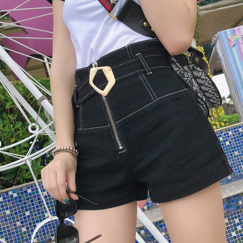 Черная джинсовая юбка, шорты, штаны, модный ремень, коллекция 2023, высокая талия, А-силуэт, свободный крой
