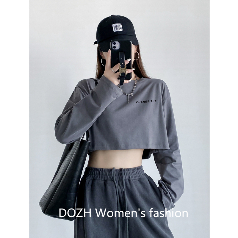 Klein Blue Short Long-Sleeved Loose T-Shirt for Women, Hot Girl Style ins High-Waisted Pure Cotton Crop Top Versatile Base Shirt
