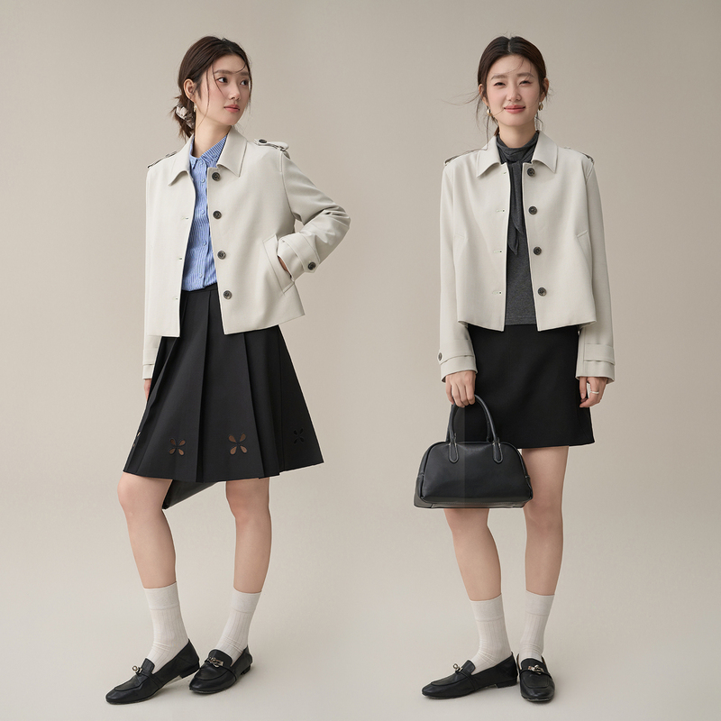 Limoonli Height-Enhancing and Proportion-Enhancing British Style Light Khaki Trench Coat, Regular Shoulder Short Jacket for Petite Figures, Autumn