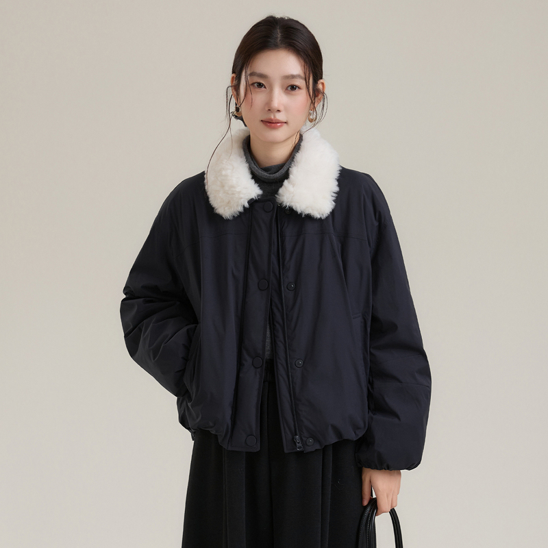 Limoonli Contrasting Color White Fur Collar Short Navy Blue down Jacket Loose Slimming Parka Warm Winter Coat