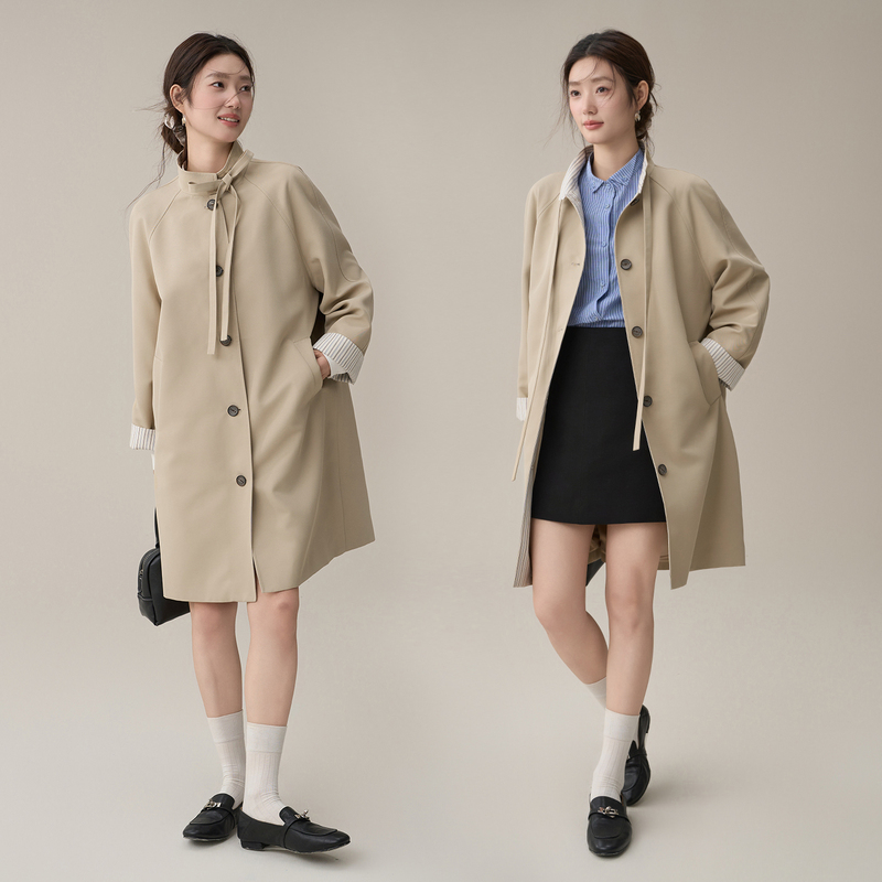 Limoonli Stand Collar Khaki Trench Coat, Mid-Length, Petite Commuter Jacket, Korean Style, Light and Elegant, Suitable for High School Students