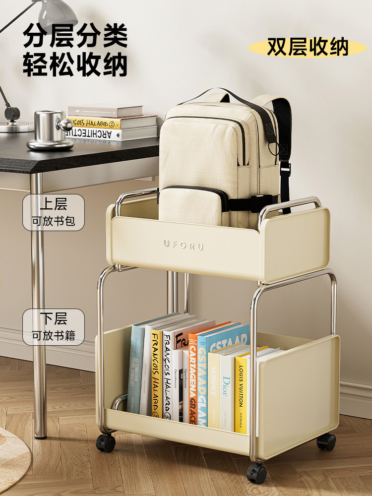 School Bag Storage Rack Movable Bookshelf Floor-To-Ceiling Book Storage Rack for Junior High School Students with Wheels Tableside Trolley