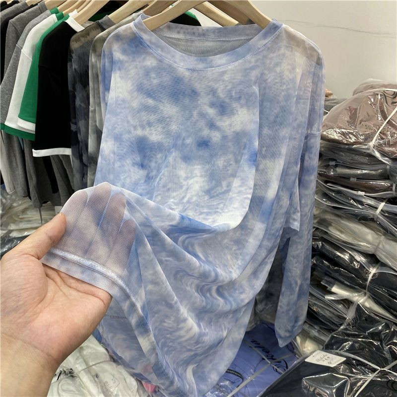 Design-Inspired Thin Ink Painting Mesh Korean Style T-Shirt for Women 2024 Summer Long-Sleeved Air-Conditioning Cover-Up Loose Sun Protection Top