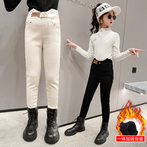 Girl Small Leggings Pants Plus Suede Outer Pants Autumn Winter Thickened BODY FOREIGN GAS INTEGRATED SUEDE CHILDREN BLACK WHITE FRIED STREET PANTS