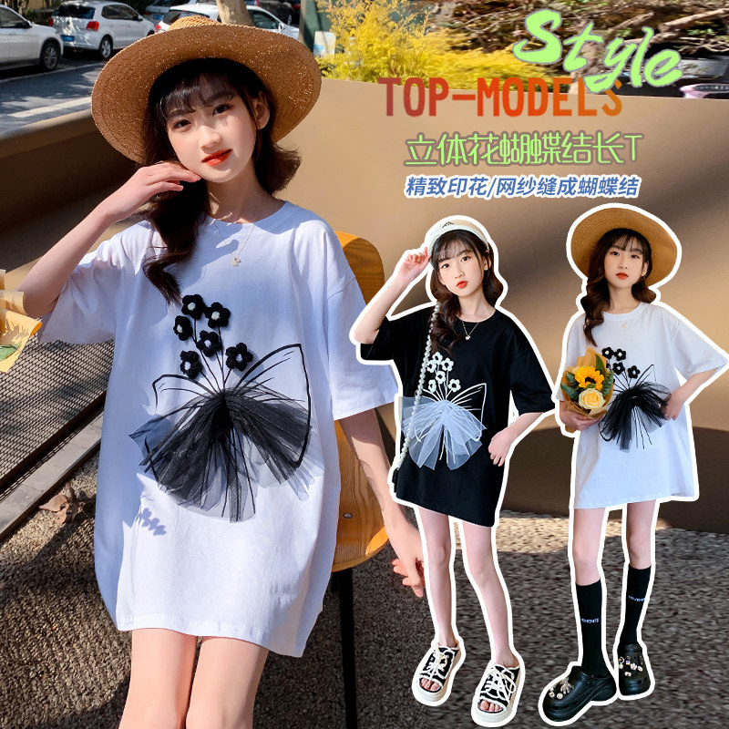 Girl's tennis red T-shirt for long version Summer foreign Grand edition short sleeves white undershirt thin children Fried Street Clothes