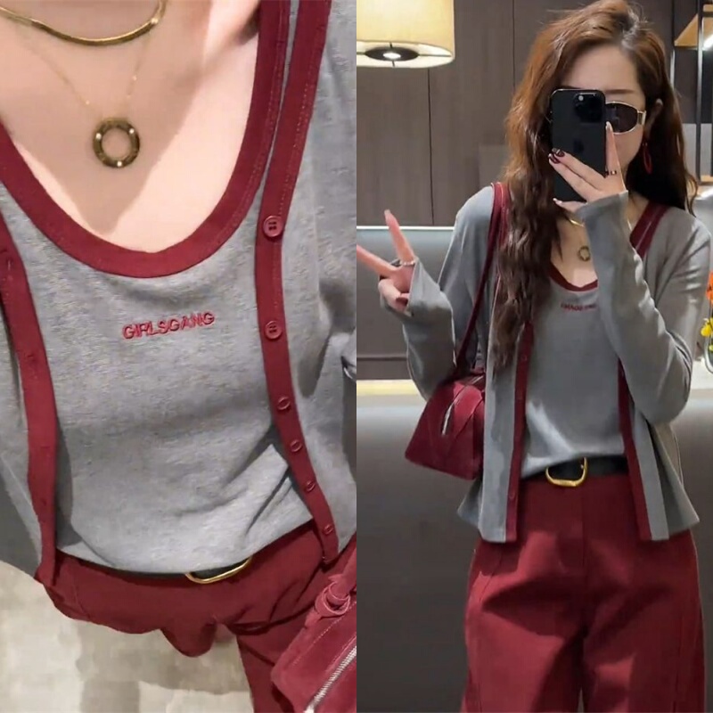 Slimming and Fashionable New Women's Set: Camisole Cardigan + High-Waisted Red Jeans Two-Piece Set 2026 Korean Style Summer Slimming and Fashionable New Women's Set: Camisole Cardigan + High-Waisted Red Jeans Two-Piece Set 2026 Korean Style Summer
