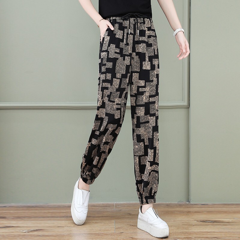 Plus-Size Ice Silk Quick-Dry Casual Sports Plaid Pants for Women, Summer Thin Style, Petite Ankle-Length Jogger Lantern Pants