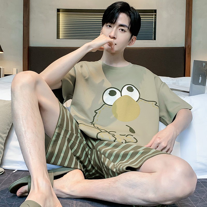 2026 New Summer Pajamas for Men, Short-Sleeved, Pure Cotton, Thin, Cartoon Home Wear Set for Teenagers and Students, Summer Style