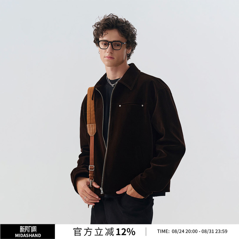 Wu Junteng's Style | Midashand Velvet Amber Jacket Men's Old Money Style Lapel Heavy-Duty Outerwear Autumn