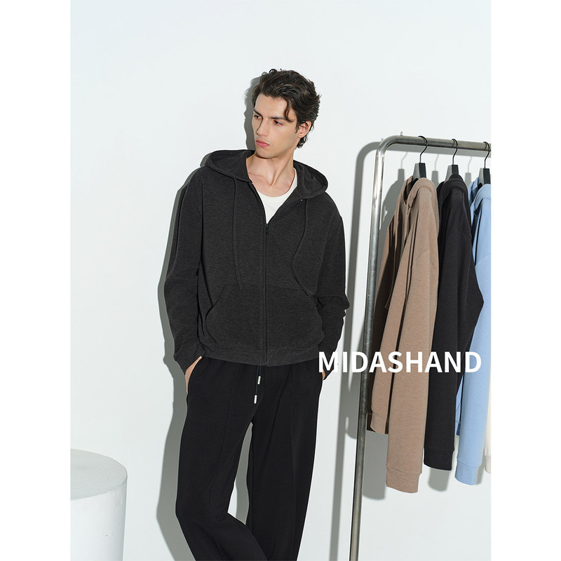 Midashand 26Aw Lyocell Velvet Retro Pure Color Cardigan Sweatshirt Casual and Relaxed Hooded Jacket for Men