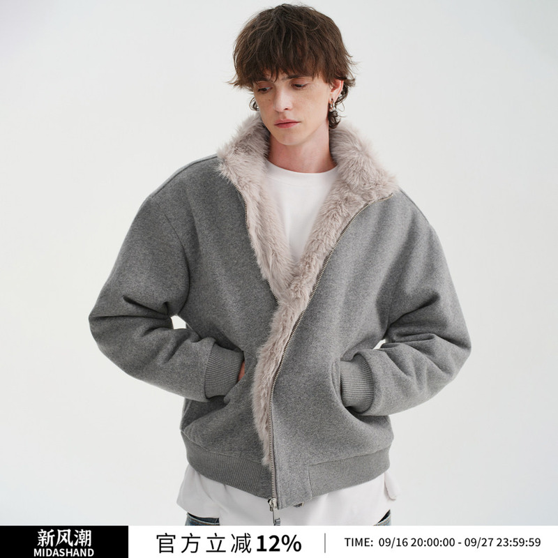 Midashand Wool Mountain Carving Cotton Jacket Men's Winter Short Reversible Workwear Stand Collar Thickened Jacket