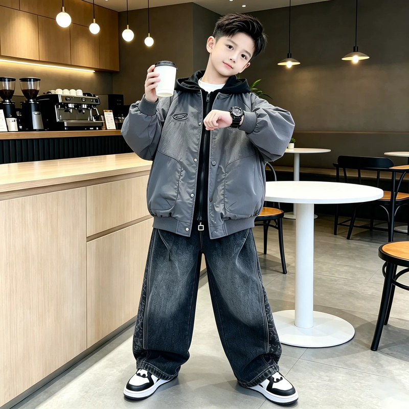 "Uamtor" Boys' Autumn Outfit American Street Style Hooded Zipper Jacket and Denim Wide-Leg Pants Two-Piece Set "Uamtor" Boys' Autumn Outfit American Street Style Hooded Zipper Jacket and Denim Wide-Leg Pants Two-Piece Set
