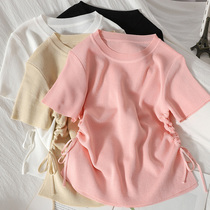 Double drawstring round neck slit short-sleeved t-shirt womens clothing 2022 new solid color all-match chic small top ins slim