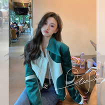 Brand discount big-name womens clothing 2022 early spring new velvet high-quality short paragraph contrast color suit baseball jacket