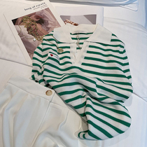 Ice silk striped polo collar all-match knitted sweater womens 2022 summer new color contrast fashion foreign style short-sleeved t-shirt