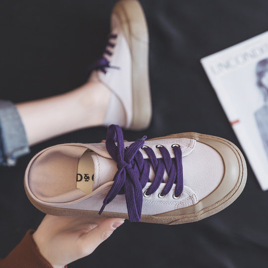 Off-Mdns Genuine Canvas Shoes for Women, New Summer Beige Sneakers, Solid Color Versatile White Shoes