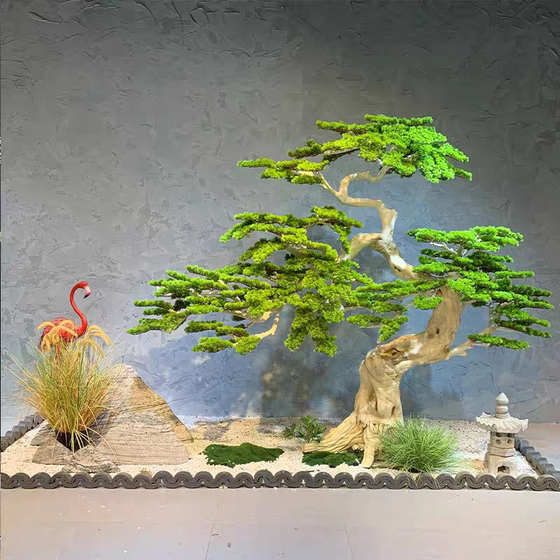 New Chinese-Style Artificial Welcoming Pine Tree with Real Wood Root Carving, Suitable for Entryway, Window Display, Landscape Decoration, and Greenery