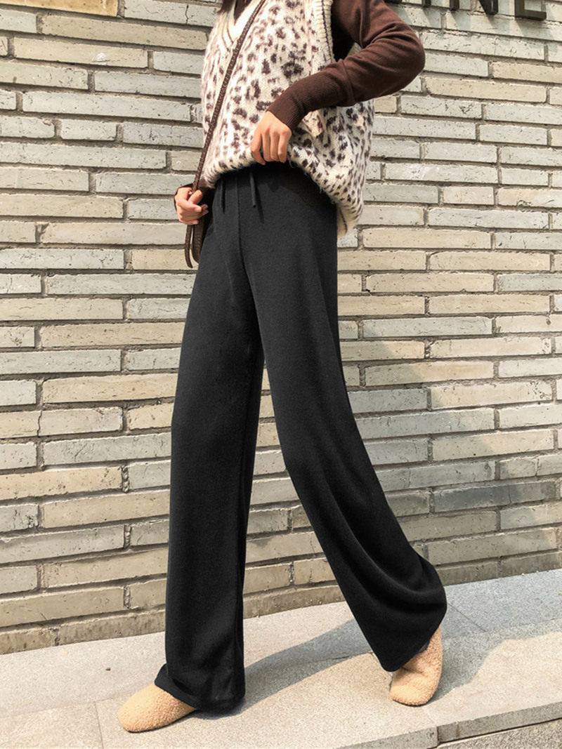 Drop sense knitted wide leg pants women show thin and wild autumn and winter 2019 new loose straight high waist hanging mopping pants