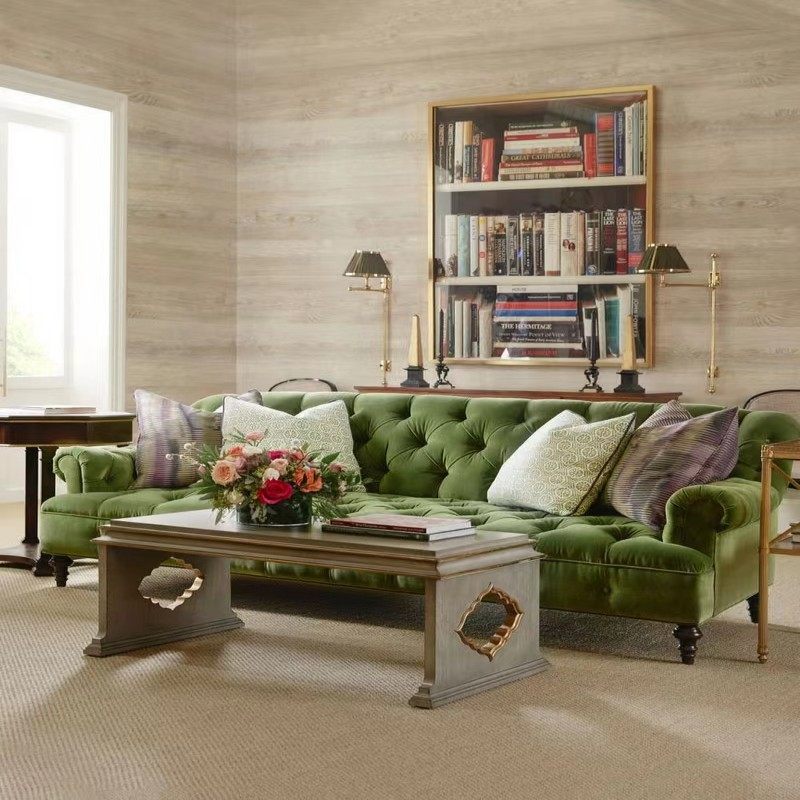 Fan-style countryside small family style living room American retro pull button minimalist designer green fabric velvet trio sofa-Taobao