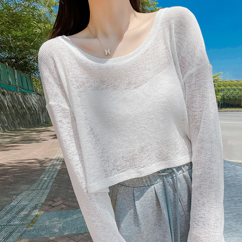 White Knitted Sun Protection T-Shirt Long-Sleeved Autumn Loose Pullover Thin See-Through Top Short Suspender Outer Blouse for Women